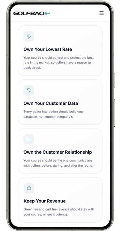 GolfBack principles shown on a mobile device screen.