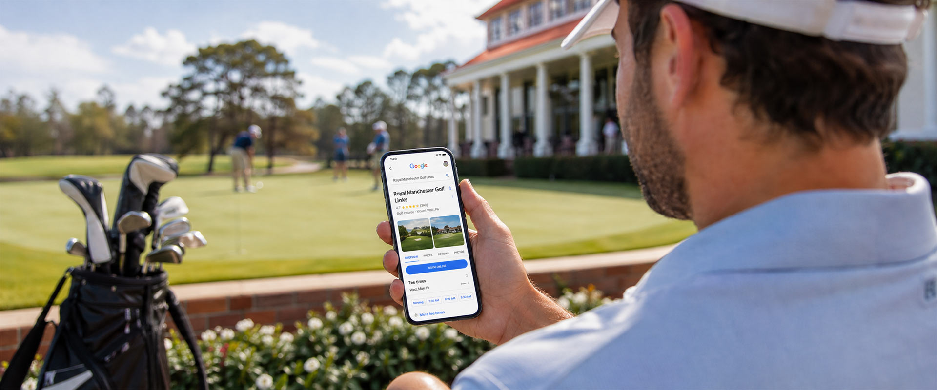 Golfer using Google to book a tee time directly with a golf course.