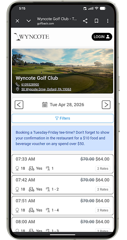 GolfBack booking engine mobile preview