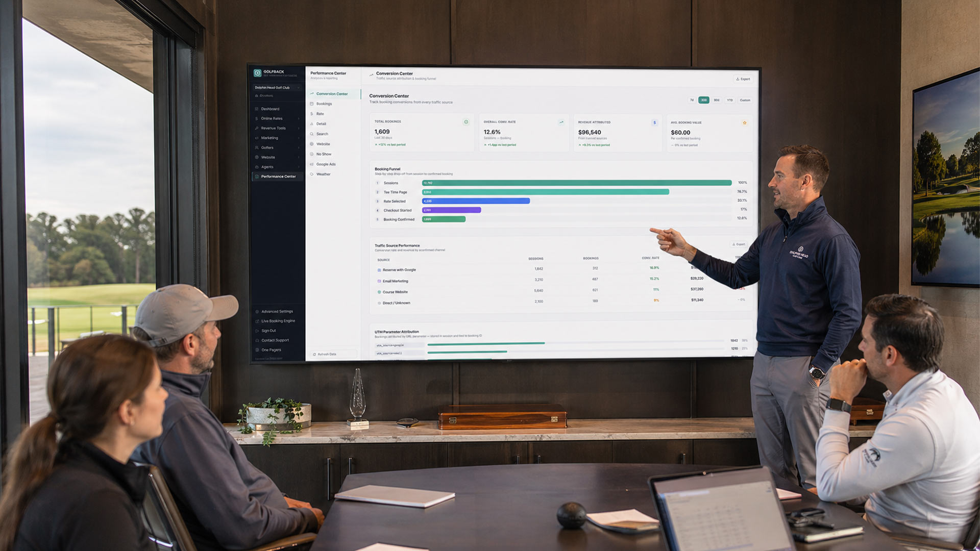 Golf course marketing team reviewing golfer data and campaigns