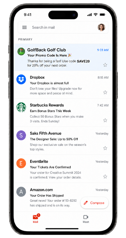 GolfBack email marketing mobile preview