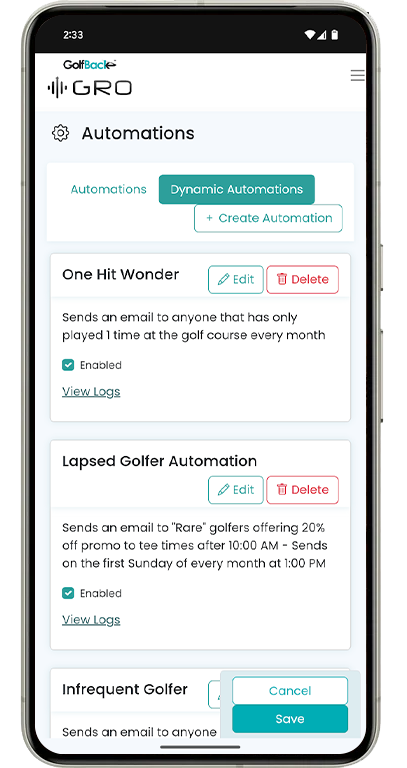 GolfBack marketing automation mobile preview