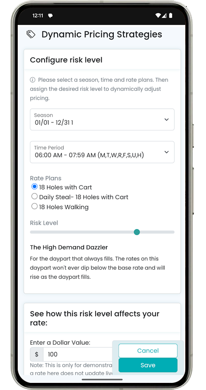 GolfBack dynamic pricing mobile preview