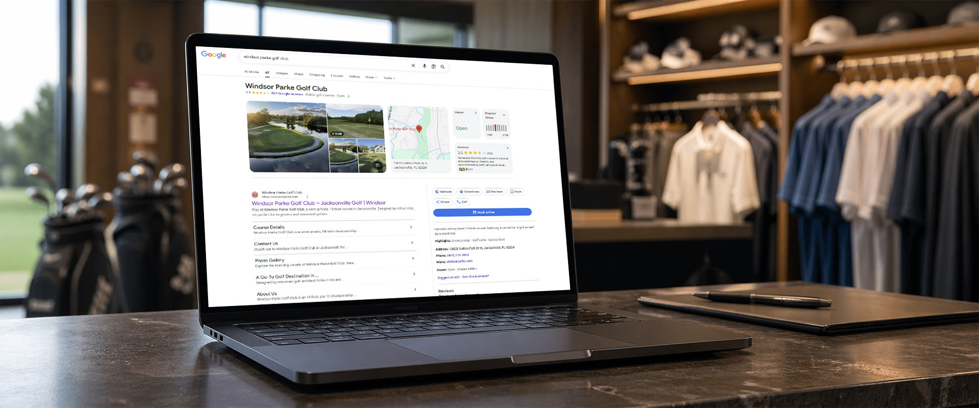 Laptop showing Google search results for a golf course with a Reserve with Google booking button