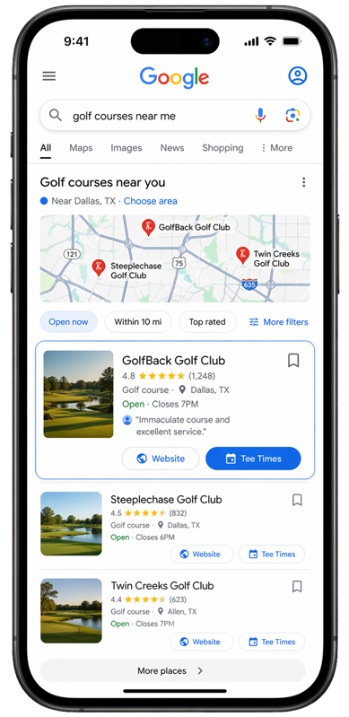 Mobile preview of GolfBack golf course SEO and AI search visibility tools